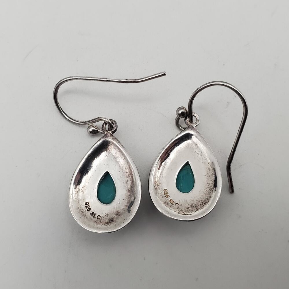 SLC 925 Vintage Sterling Silver Marcasite Turquoise Dangle Earrings Teardrop - Picture 7 of 9